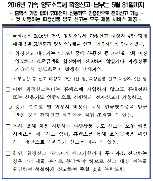2016년 귀속 양도소득세 확정신고 납부는 5월 31일까.jpg